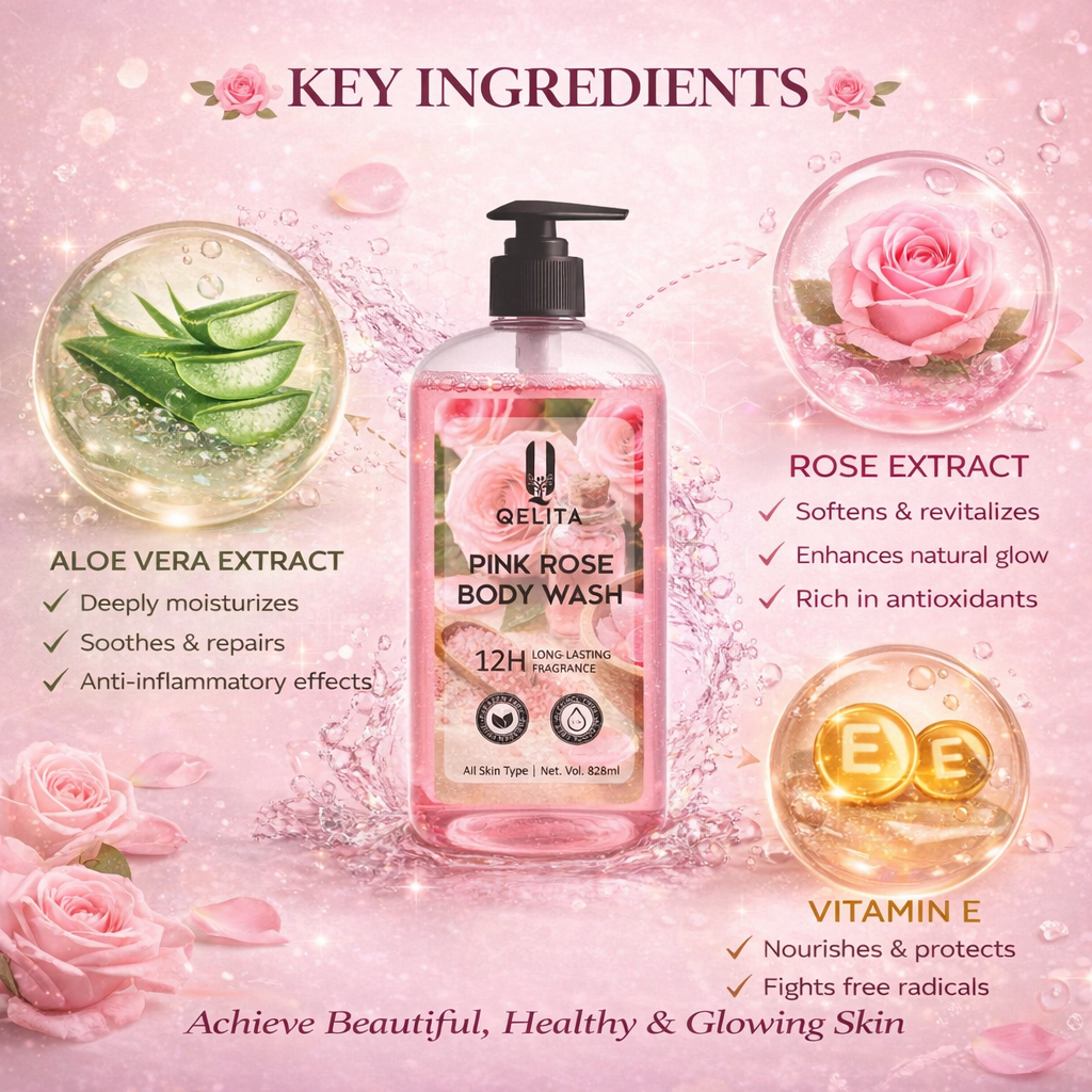 Pink Rose Body Wash 828ml | Rose Extract & Vitamin E Body Wash for Soft, Glowing Skin