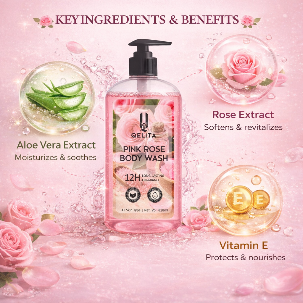 Pink Rose Body Wash 828ml | Rose Extract & Vitamin E Body Wash for Soft, Glowing Skin